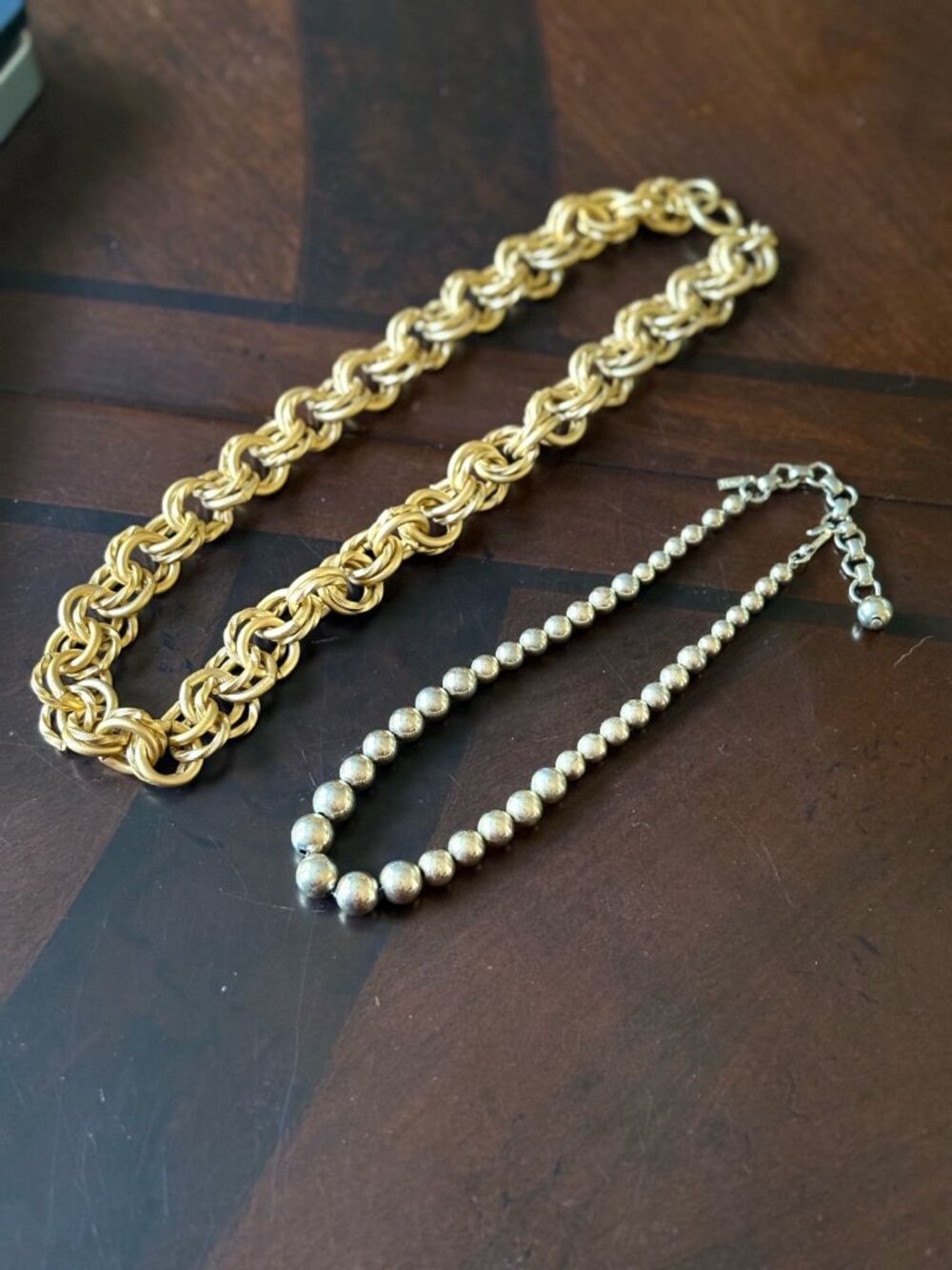 Vintage Monet Signed Necklace Lot Chunky Gold Chain & Silver Bead Choker